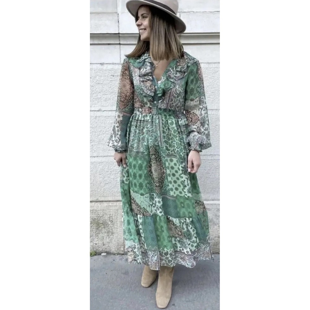 Zara Paisley Print Ruffle Midi Dress Women Size S Green Boho Cottagecore